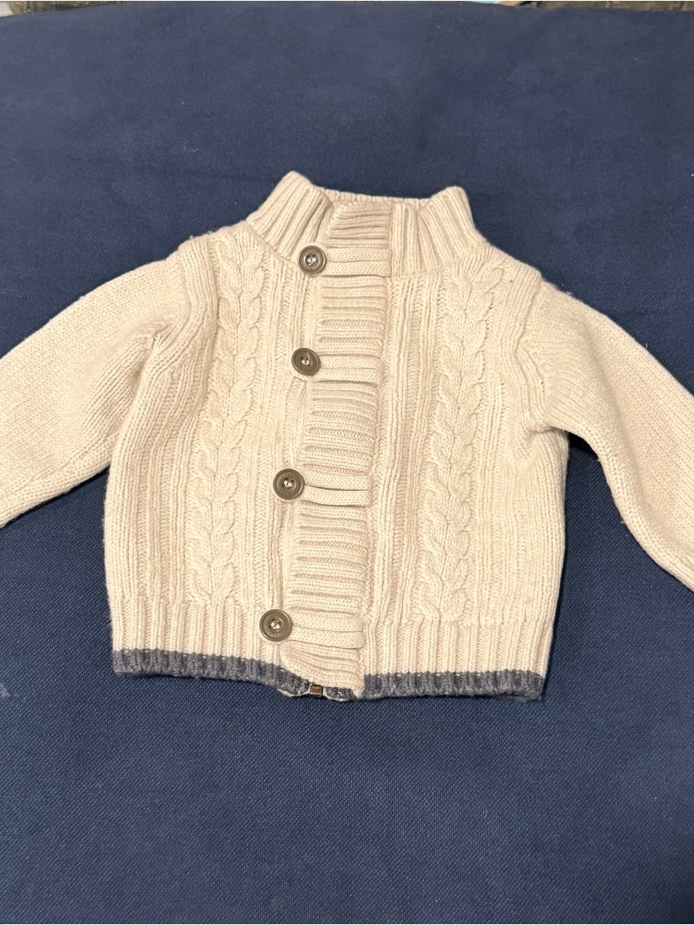 Jacadi Cream Cable Knit Baby Cardigan Gray Hem 6m Zip Button Front Wool Cotton